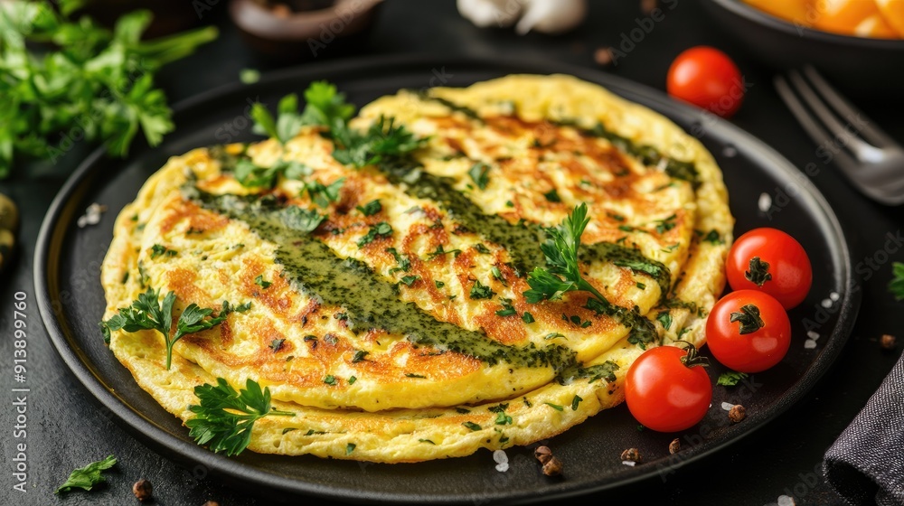 A gourmet omelet presentation with a drizzle of herb sauce, garnished with fresh parsley and cherry tomatoes. A gourmet omelet presentation with a drizzle of herb sauce, garnished with fresh parsley and cherry tomatoes.