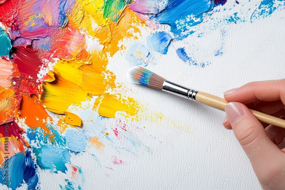 Fototapeta premium A hand holding a paintbrush, painting colorful strokes on a white surface with cutouts of paint splashes around it. High-resolution, detailed textures, crisp focus