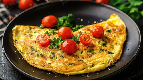 A gourmet omelet presentation with a drizzle of herb sauce, garnished with fresh parsley and cherry tomatoes.