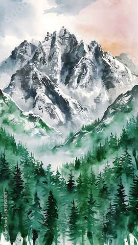 A serene watercolor painting depicting the Alaskan mountains, with their rugged, snow-dusted peaks rising against a softly hued sky. Below, a dense forest of evergreens fills the landscape