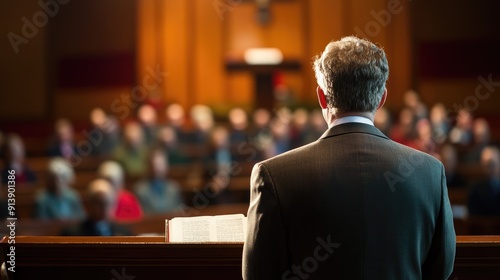 A pastor delivering a sermon from the pulpit, with the congregation attentively listening in the background.