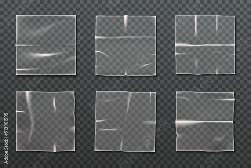 Set of vector polythene stickers or transparent plastic wrap. Wrinkled cellophane material or glued polymer, polythene protection for packaging or adhesive duct. Wrapper element for storage, packing