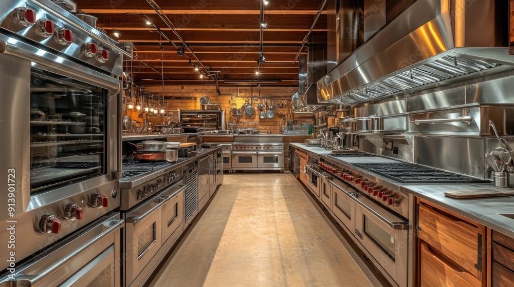 A professional-grade kitchen with multiple ovens, a large prep area, and a variety of cooking utensils. A professional-grade kitchen with multiple ovens, a large prep area, and a variety of cooking utensils.