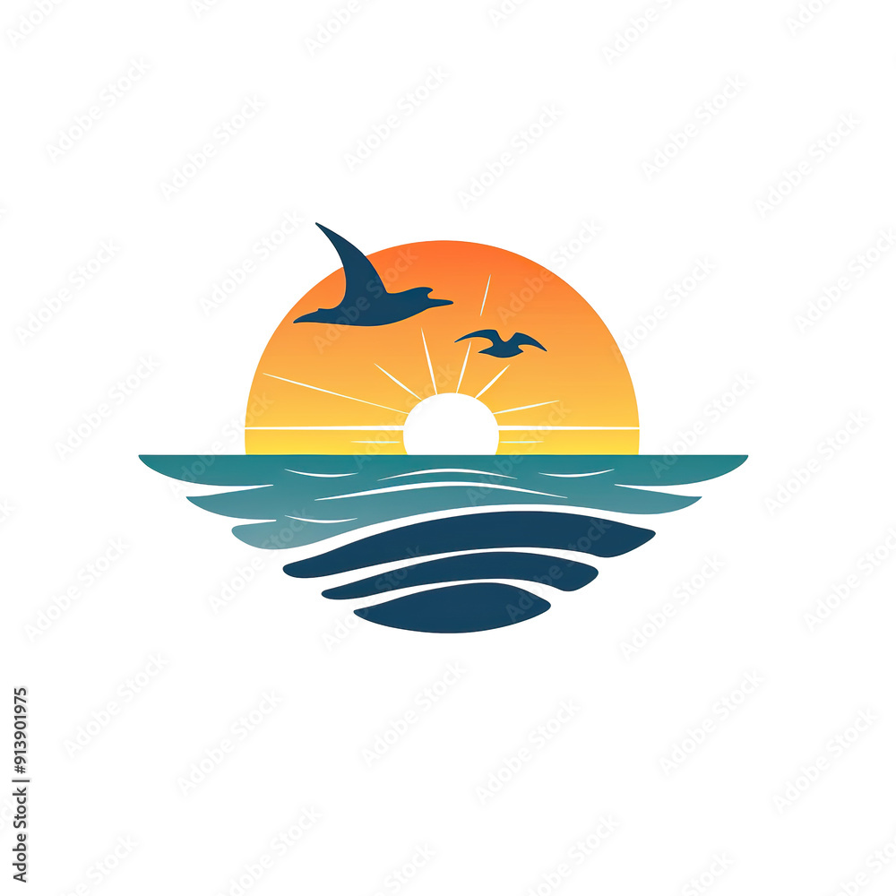 Sunset over the ocean with two birds flying, generative ai image Sunset over the ocean with two birds flying, generative ai image