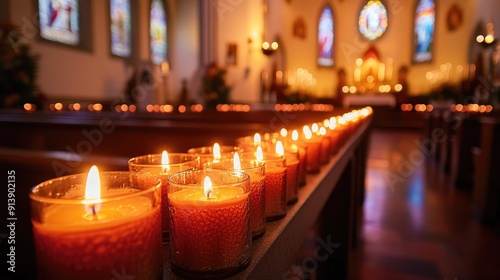 A serene scene of a chapel with rows of votive candles lit by parishioners.