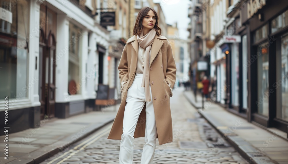Naklejka premium Fashionable woman in beige coat walking down a cobblestone street in a historic urban area. Concepts of street style, urban fashion, and city life.