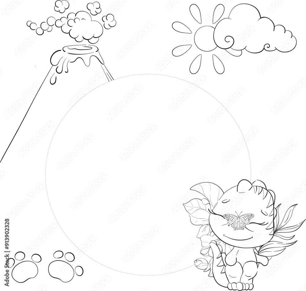 Vector circle frame -baby dinosaur with palm leaves, tyrannosaur for nursery, newborn. Cartoon animal for kids design. Jurassic period. Black silhouette for circuit Vector circle frame -baby dinosaur with palm leaves, tyrannosaur for nursery, newborn. Cartoon animal for kids design. Jurassic period. Black silhouette for circuit