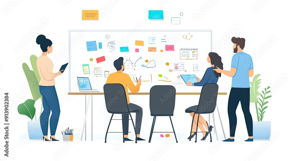 A team brainstorming session with people sharing ideas and writing on a large whiteboard. A team brainstorming session with people sharing ideas and writing on a large whiteboard.