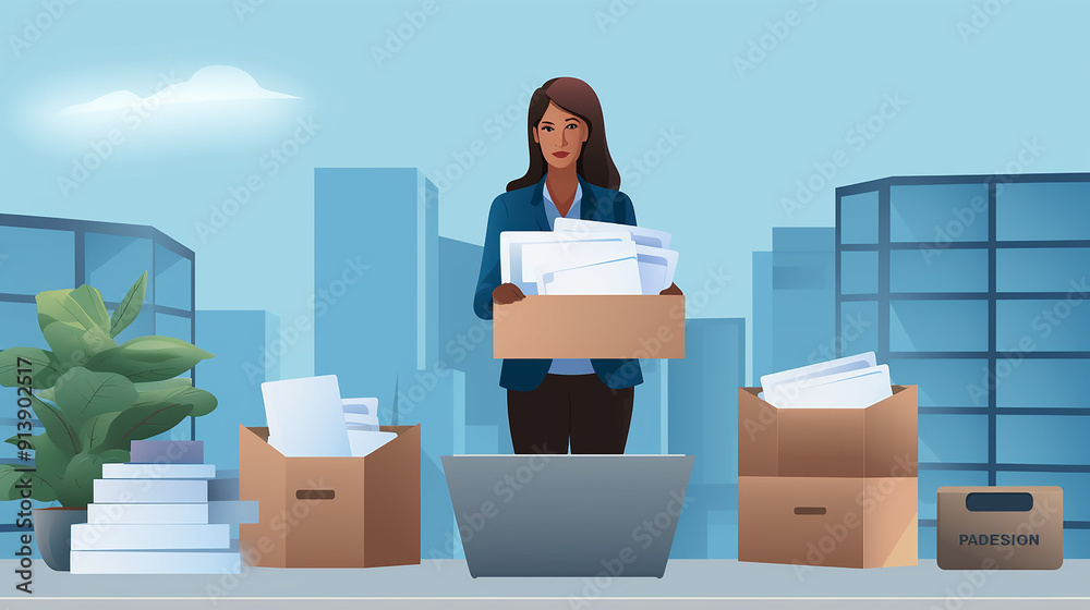 A female employee holds a box of personal belongings and sends a resignation letter to an executive or manager Includes information about resignation and vacancies and job changes A female employee holds a box of personal belongings and sends a resignation letter to an executive or manager Includes information about resignation and vacancies and job changes