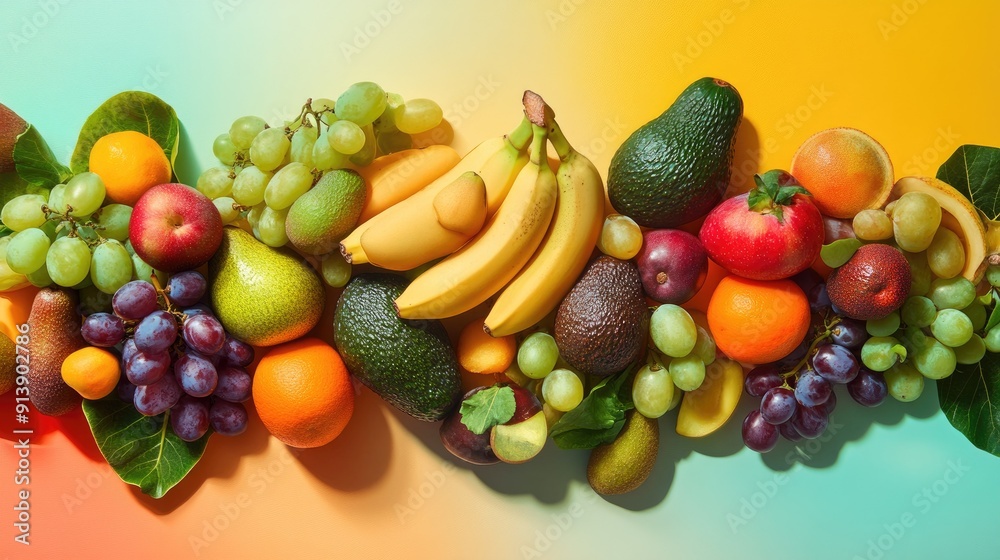 An artistic arrangement of mixed fruits and vegetables, featuring bananas, avocados, and grapes, on a bright background. An artistic arrangement of mixed fruits and vegetables, featuring bananas, avocados, and grapes, on a bright background.