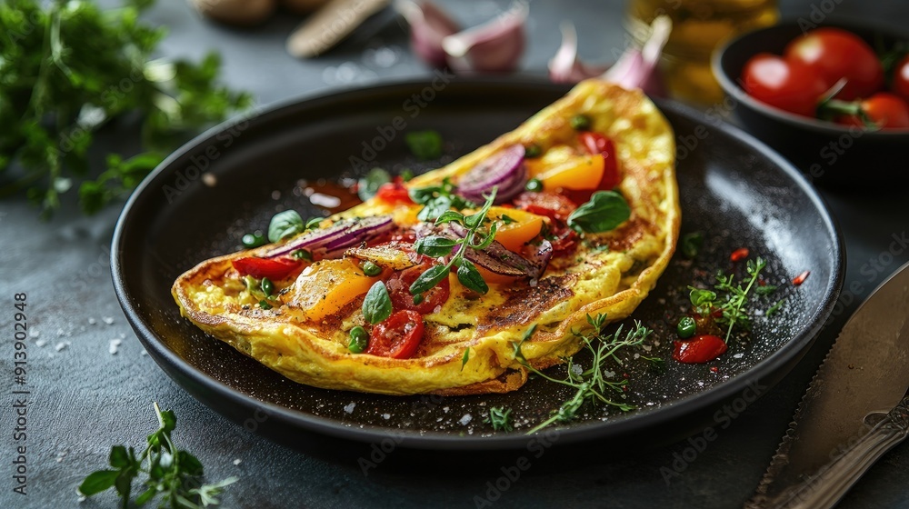 An artistic shot of an open-faced omelet with colorful vegetables and herbs, ready to be served. An artistic shot of an open-faced omelet with colorful vegetables and herbs, ready to be served.