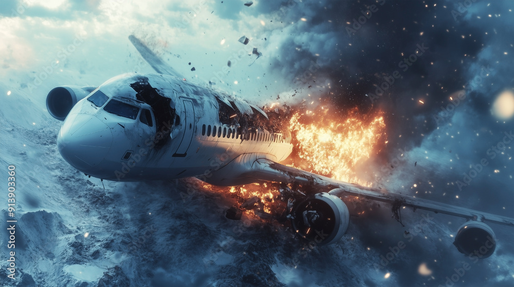 Fototapeta premium Airplane Crash and Explosion Over Snowy Mountains