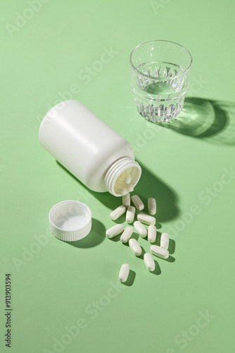 The green countertop displaying an unbranded medicine bottle flat lay in center with some white tablets spilled out, a glass of water to medicine drinking placed beside. Medicine branding, top shot