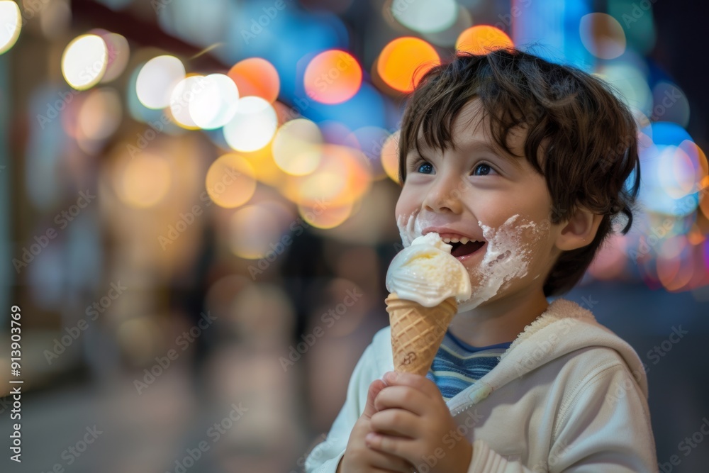 Child happily enjoys a sweet ice cream treat. Spirited youth bushy black hair clearly enjoying carefree playtime. Child experiencing pure joy of youth and freedom. Child happily enjoys a sweet ice cream treat. Spirited youth bushy black hair clearly enjoying carefree playtime. Child experiencing pure joy of youth and freedom.