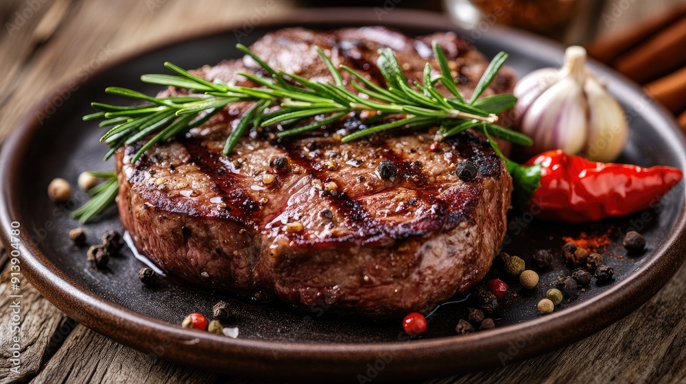 Close-up of a juicy grilled steak garnished with rosemary and garlic, served with a side of assorted spices on a rustic plate. Close-up of a juicy grilled steak garnished with rosemary and garlic, served with a side of assorted spices on a rustic plate.