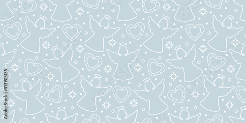 Seamless pattern with cute angels and hearts. Vector background.