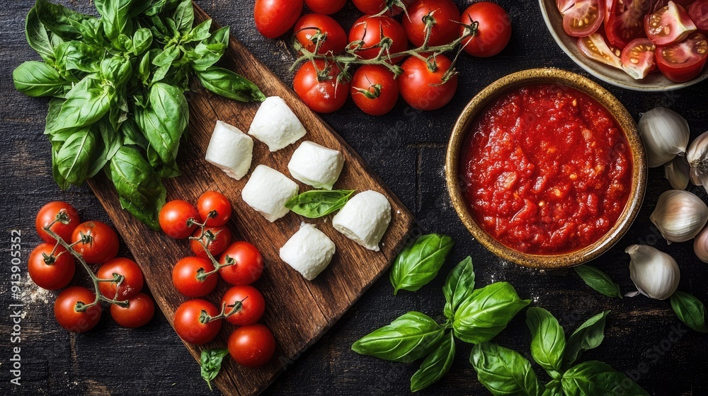 Ingredients for a classic Margherita pizza, including fresh tomatoes, mozzarella cheese, basil leaves, and a bowl of tomato sauce, all arranged neatly on a wooden board. Ingredients for a classic Margherita pizza, including fresh tomatoes, mozzarella cheese, basil leaves, and a bowl of tomato sauce, all arranged neatly on a wooden board.