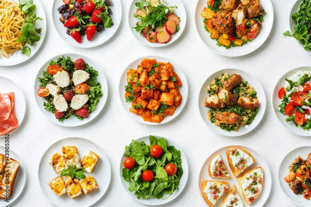 various plates of food isolated on white background, top view, ai various plates of food isolated on white background, top view, ai