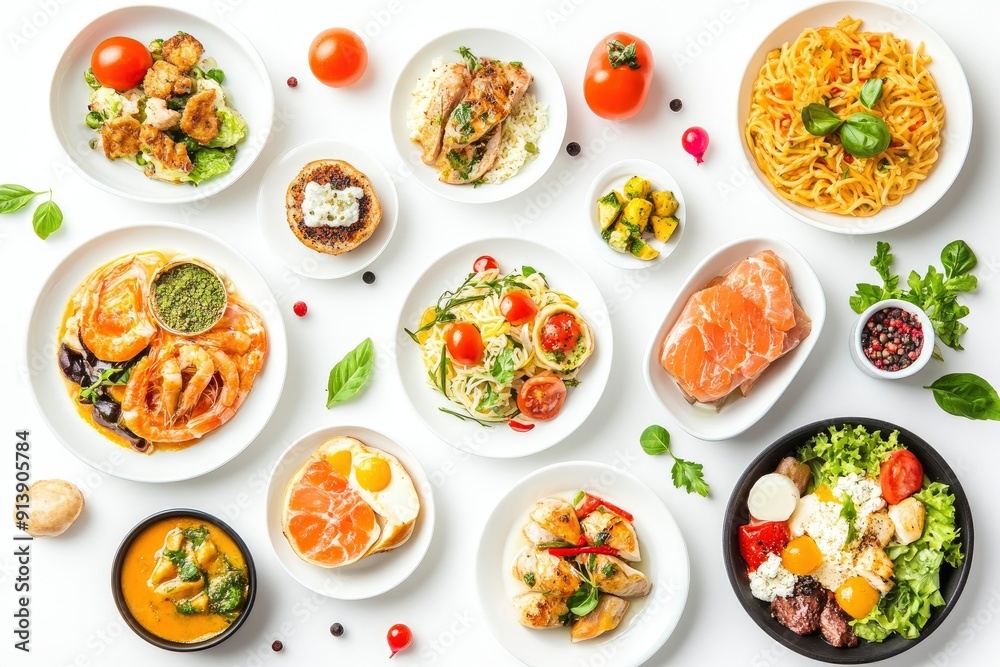 various plates of food isolated on white background, top view , ai various plates of food isolated on white background, top view , ai