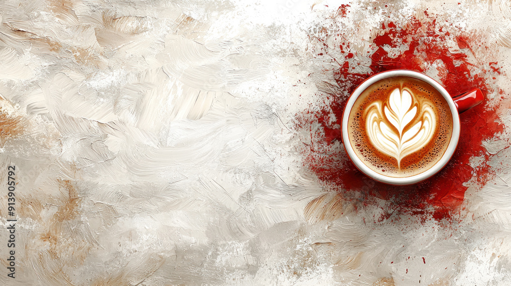 A coffee cup with a heart on it sits on a red background. The coffee cup is the main focus of the image, and the red background adds a sense of warmth and coziness to the scene A coffee cup with a heart on it sits on a red background. The coffee cup is the main focus of the image, and the red background adds a sense of warmth and coziness to the scene