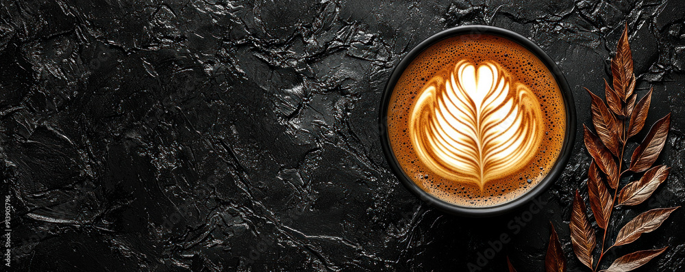 A cup of coffee with a leaf on top of it. The coffee is brown and has a heart shape on top A cup of coffee with a leaf on top of it. The coffee is brown and has a heart shape on top