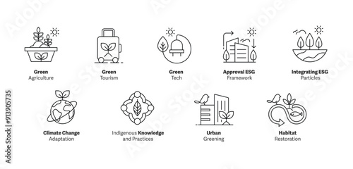 Green Development & Technology Icons: Agriculture, Tourism, Tech, ESG Framework, ESG Particles, Climate Adaptation, Indigenous Knowledge, Urban Greening, Habitat Restoration