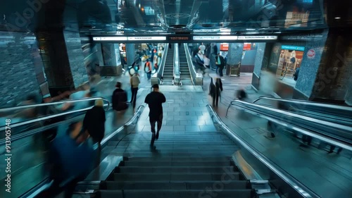 Timelapse of people moving in a busy underground metro station photo