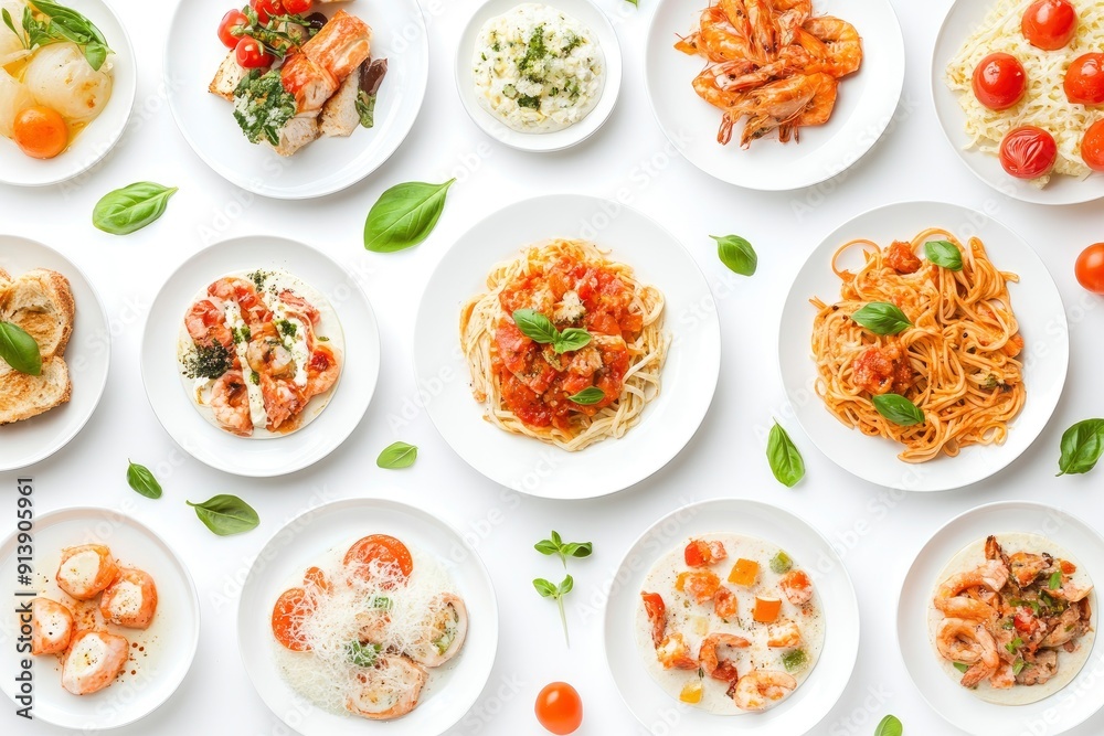 various plates of food isolated on white background, top view , ai various plates of food isolated on white background, top view , ai