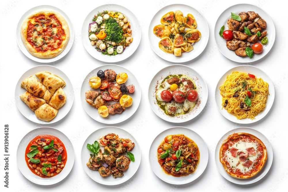various plates of food isolated on white background, top view , ai various plates of food isolated on white background, top view , ai