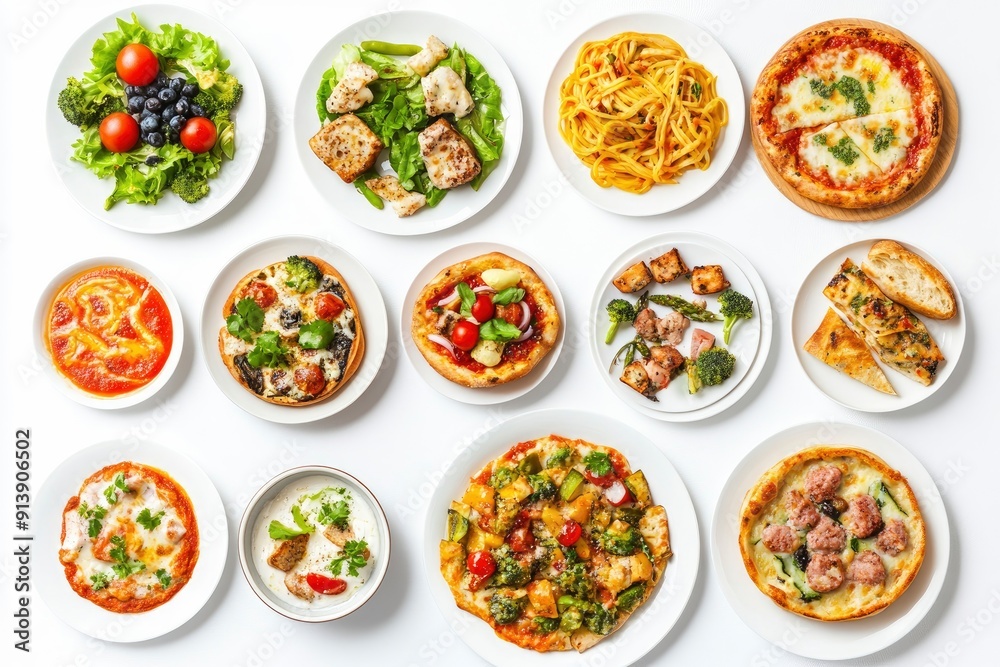various plates of food isolated on white background, top view , ai various plates of food isolated on white background, top view , ai