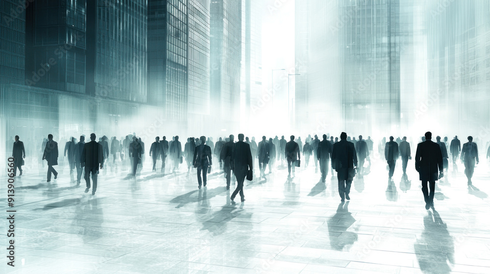 A group of people walking in a city with a foggy atmosphere. The people are wearing suits and ties, and the scene is set in a city with tall buildings A group of people walking in a city with a foggy atmosphere. The people are wearing suits and ties, and the scene is set in a city with tall buildings