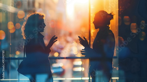 Silhouetted Conversation Urban Sunset Bokeh Backdrop