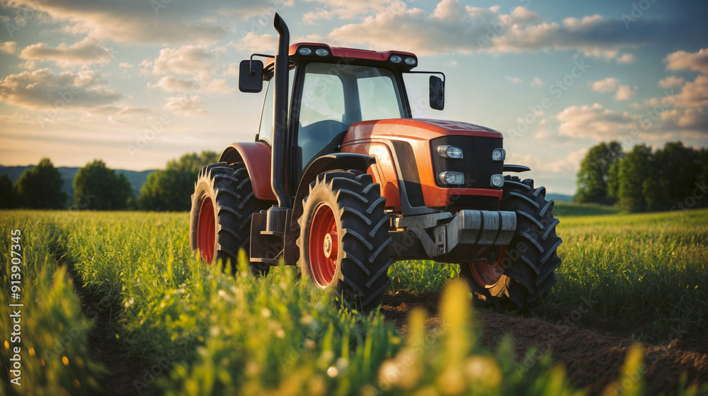 Obraz premium High-Quality Image of a Red Tractor on a Green Field Under a Clear Blue Sky, Symbolizing Modern Agriculture and Farming Techniques