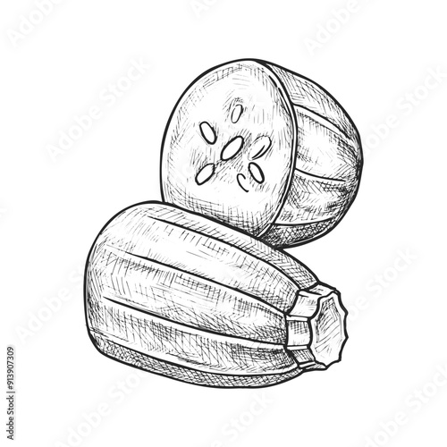 Sketch of sliced courgette or drawn zucchini. Vector baby marrow or hand drawing of vegetable. Salad ingredient. Organic food for vegan and vegetarian meal. Veggie from farm. Agronomy and harvest