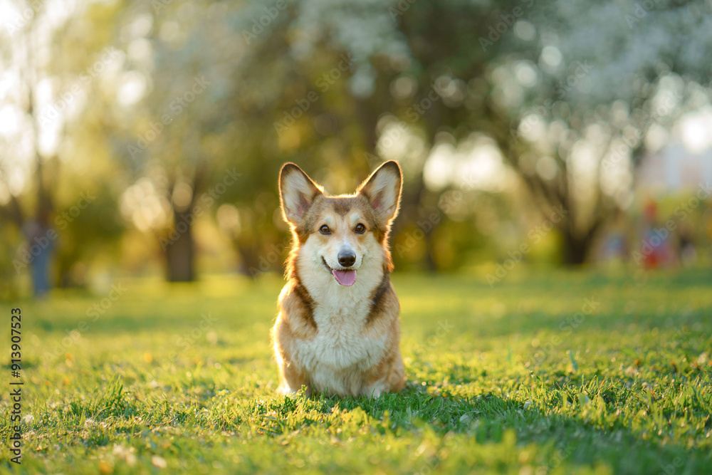 A cheerful Corgi dog happily enjoying the fresh spring air. A cheerful Corgi dog happily enjoying the fresh spring air.