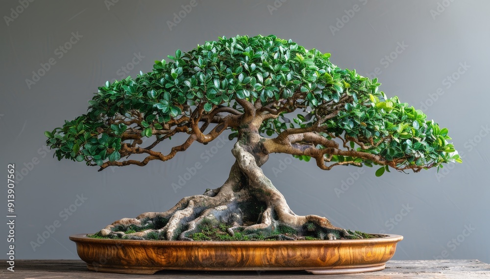 A bonsai tree shaped in the style, standing gracefully in an asymmetrical form A bonsai tree shaped in the style, standing gracefully in an asymmetrical form