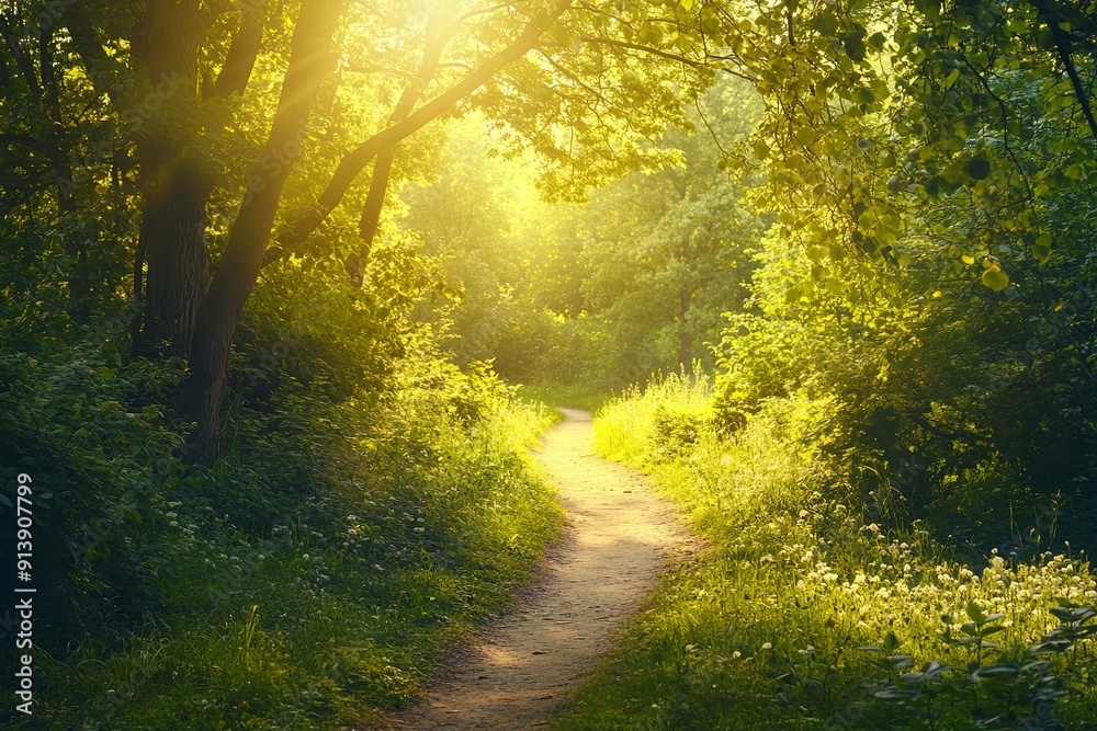 Obraz premium A path through a forest with sunlight shining through the trees