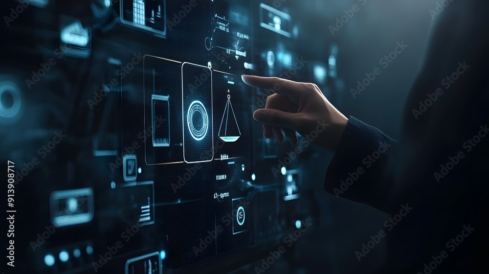 Businessman touching virtual screen with justice law scale icon on dark background, AI technology concept for online business and diagram data of graphic design vector