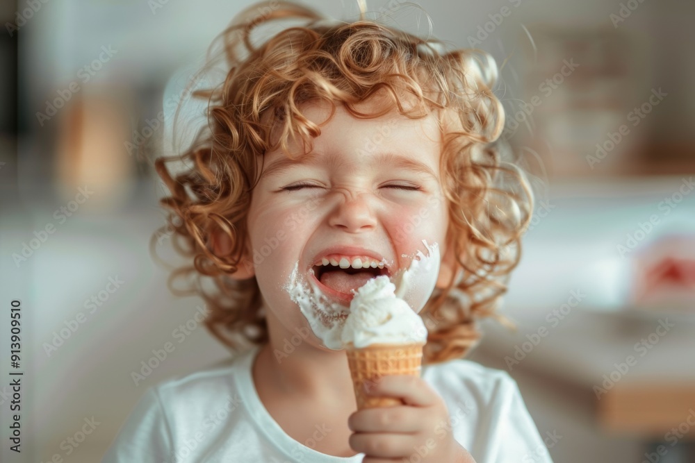 Gentle curls frame his face he enjoys sunny outdoor day. A child finds happiness in every lick of ice cream. It represents pure happiness found carefree moments and sunlight. Gentle curls frame his face he enjoys sunny outdoor day. A child finds happiness in every lick of ice cream. It represents pure happiness found carefree moments and sunlight.