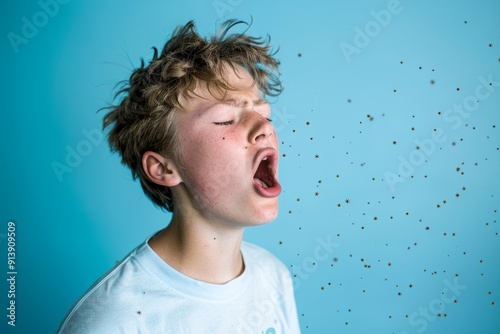 White teenager sneezing visual representation of infectious particles. Captured moment of teen boy's sneeze emphasizing airborne viruses. Reflects unseen microscopic battles  photo