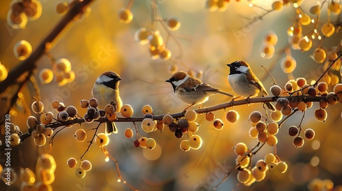 A tranquil scene of small birds sitting in harmony on a branch heavy with ripe berries, the sunlight casting a golden glow on their feathers. photo