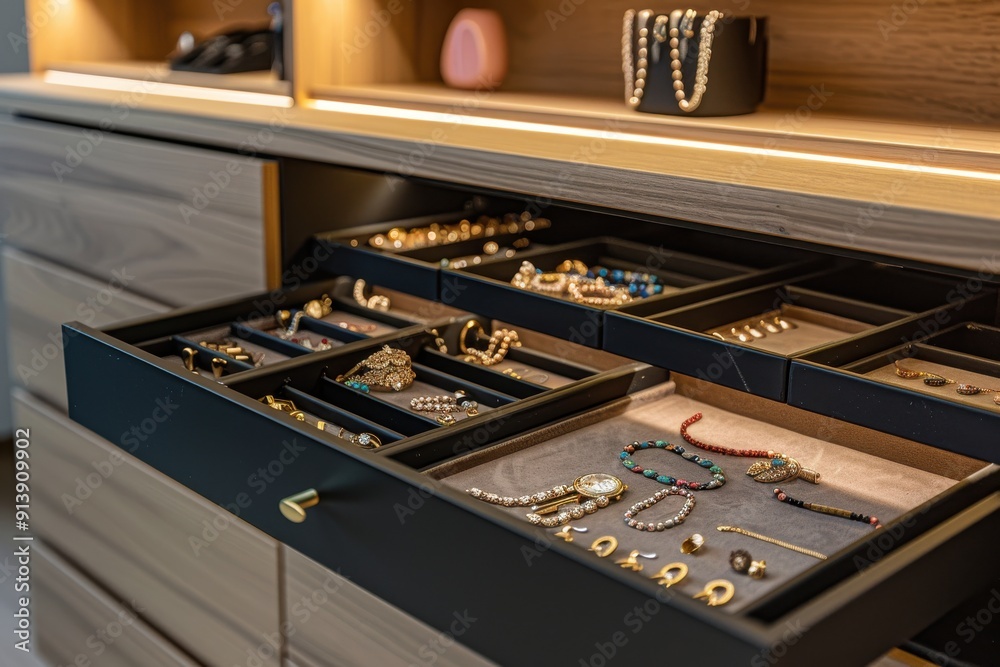 Elegant Bedroom Showcasing a Custom Jewelry Organizer and Neatly Displayed Jewels