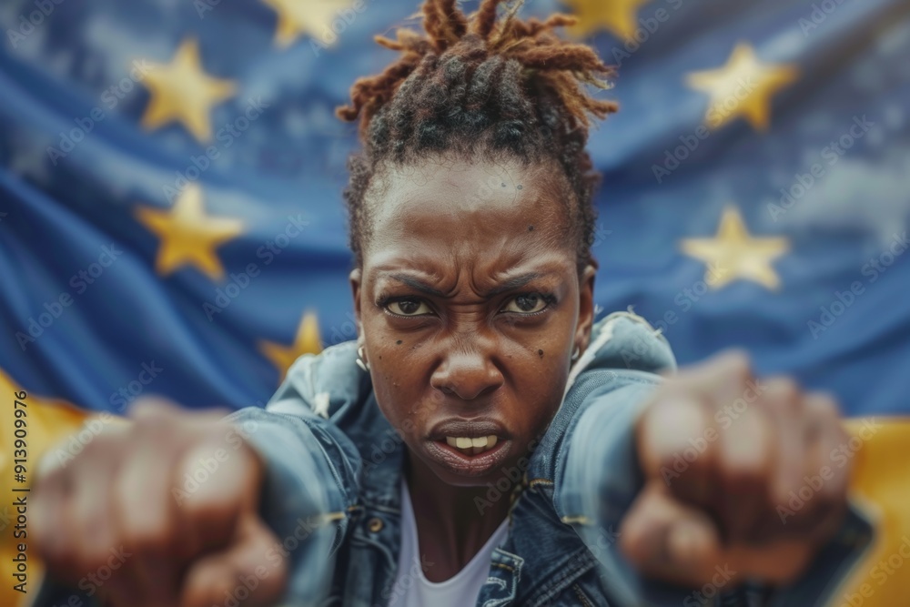 Close-up of courageous nigerian woman threatening eu flag. Cultural identity and strength shine eyes of nigerian woman facing eu flag. EU residents demand fairer immigration policies. Close-up of courageous nigerian woman threatening eu flag. Cultural identity and strength shine eyes of nigerian woman facing eu flag. EU residents demand fairer immigration policies.