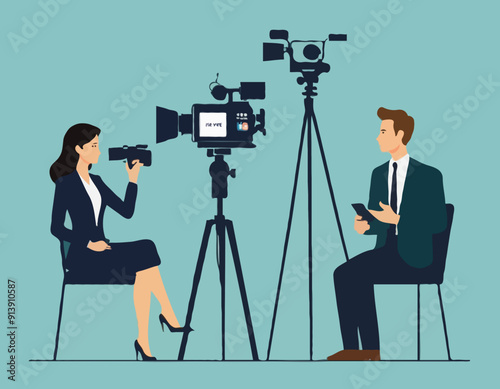 Interview, Mass Media Announcement, News Tv Broadcasting with Cameraman and Reporter. Female Journalist Interviewing Man 
