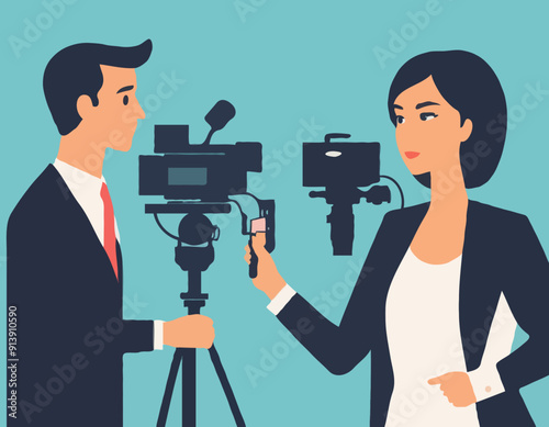 Interview, Mass Media Announcement, News Tv Broadcasting with Cameraman and Reporter. Female Journalist Interviewing Man 
