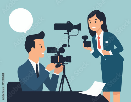 Interview, Mass Media Announcement, News Tv Broadcasting with Cameraman and Reporter. Female Journalist Interviewing Man 
