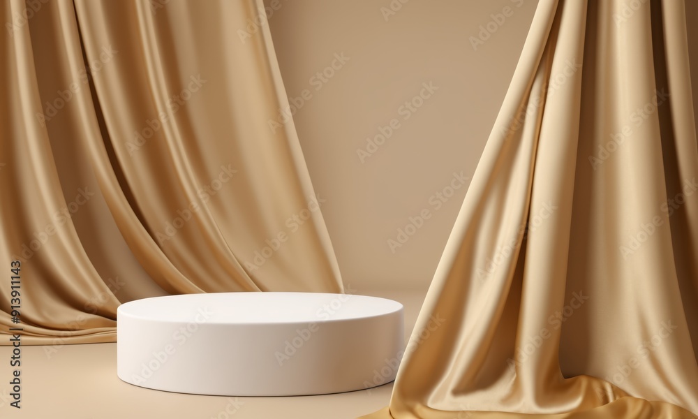 A circular podium with draped gold satin fabric A circular podium with draped gold satin fabric