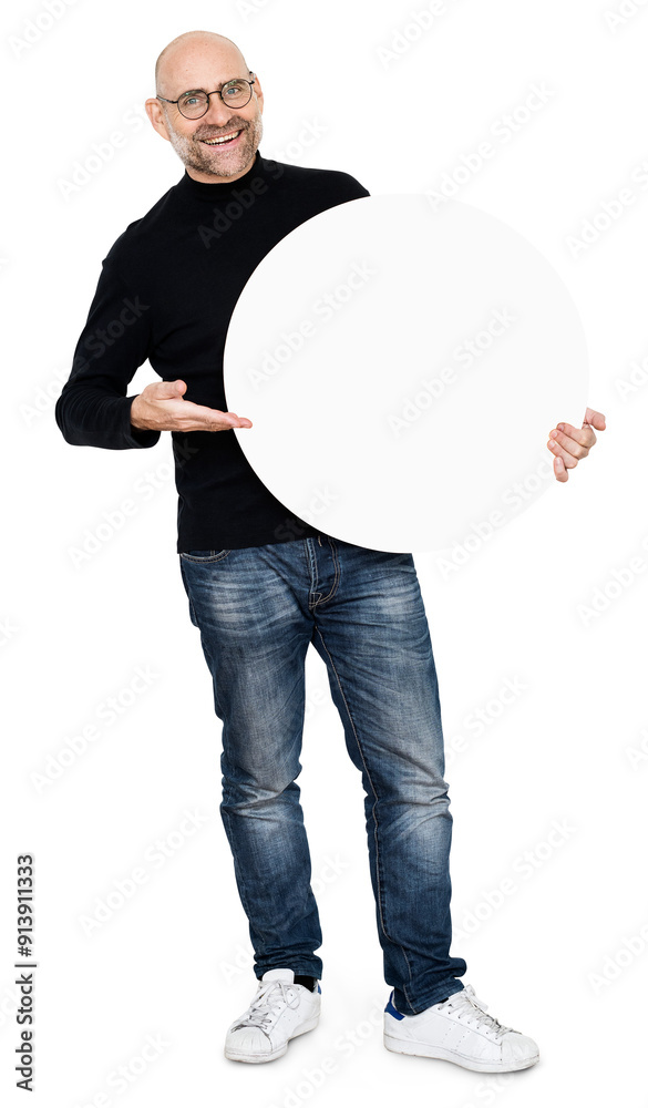 Naklejka premium Happy man holding round board transparent png