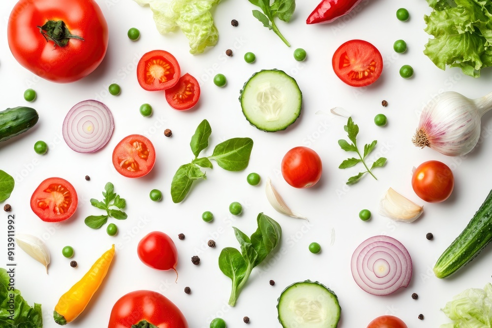 Creative layout made of summer vegetables. Food concept. Tomatoes, onion, cucumber, green peas, garlic, cabbage, chilly pepper, yellow pepper, salad leaves and radish on white background , ai Creative layout made of summer vegetables. Food concept. Tomatoes, onion, cucumber, green peas, garlic, cabbage, chilly pepper, yellow pepper, salad leaves and radish on white background , ai
