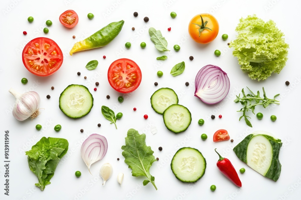 Creative layout made of summer vegetables. Food concept. Tomatoes, onion, cucumber, green peas, garlic, cabbage, chilly pepper, yellow pepper, salad leaves and radish on white background , ai Creative layout made of summer vegetables. Food concept. Tomatoes, onion, cucumber, green peas, garlic, cabbage, chilly pepper, yellow pepper, salad leaves and radish on white background , ai